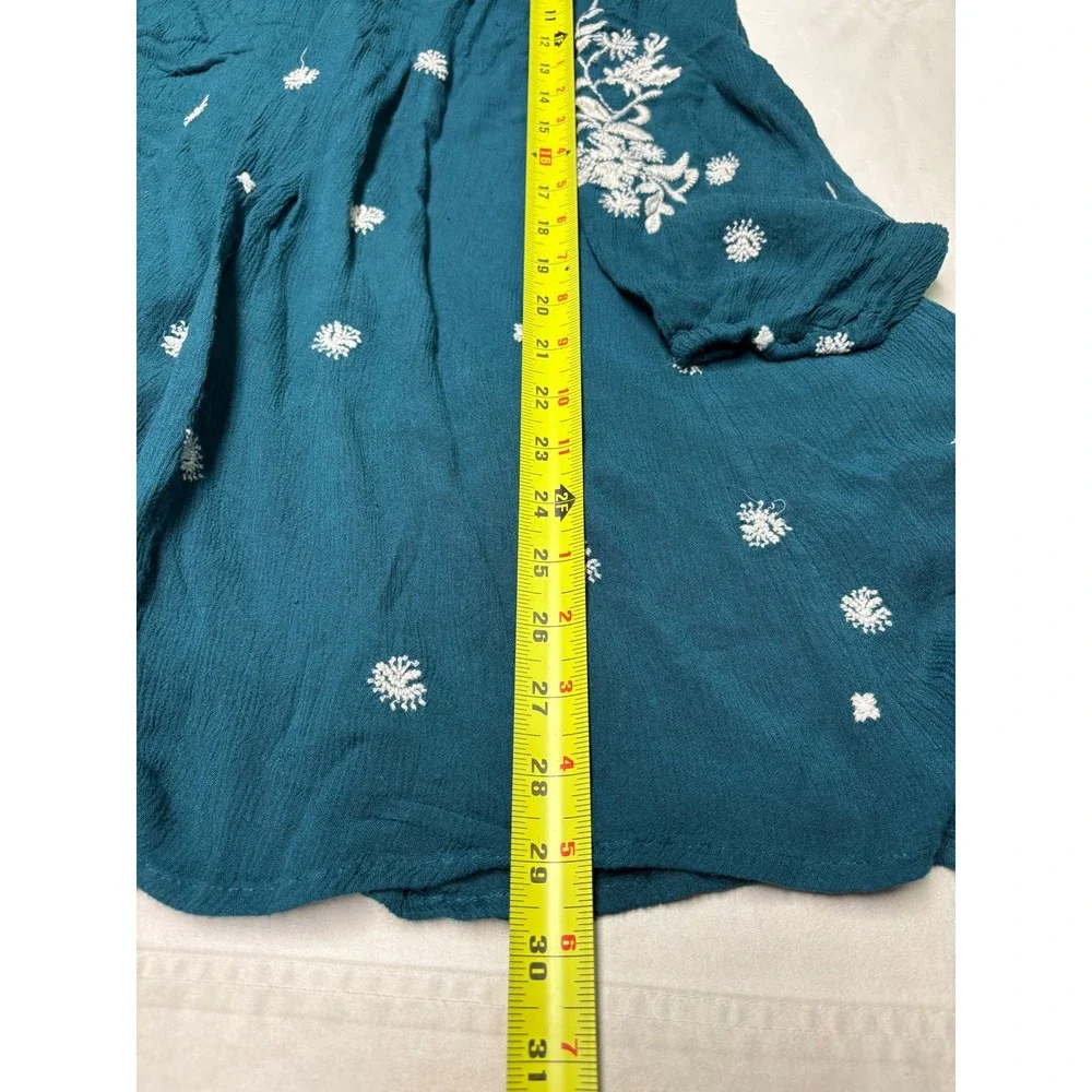 Free People Teal‎ Green Embroidered Boho Mini Dress Open Back Sleeve Womens XS
